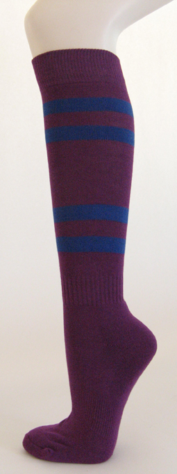 Purple knee high softball socks with blue stripes