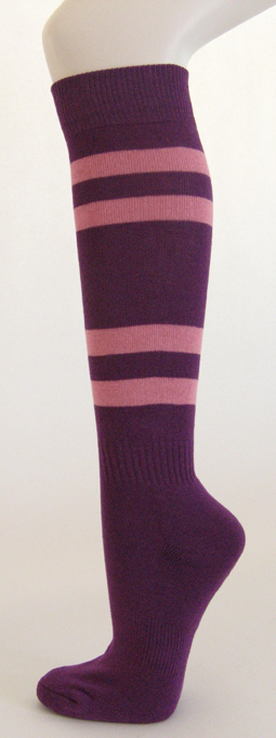 Purple knee high softball socks with pink stripes