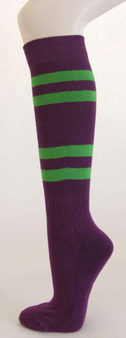 Purple knee high softball socks with bright green stripes