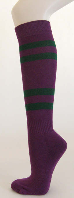 Purple knee high softball socks with dark green stripes