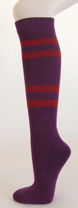 Purple knee high softball socks with dark red stripes