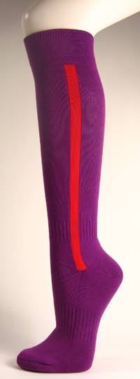 Purple baseball softball socks with red stripe