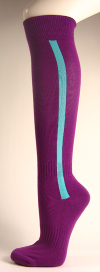 Purple baseball softball socks with sky blue stripe