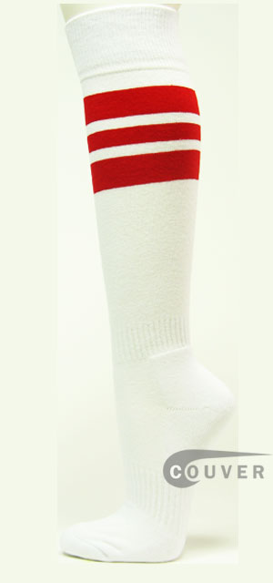 Red Stripes on White Couver Knee High Sports/Softball Socks 3PRs