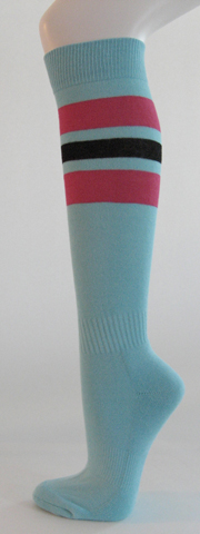 Light sky blue with bright pink black striped knee softball sock 3PAIRs