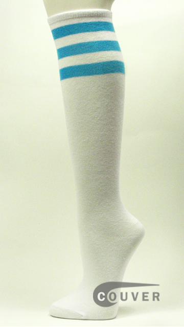 Sky Blue Stripe on White Couver Cotton Fashion Knee Socks 6PAIRS