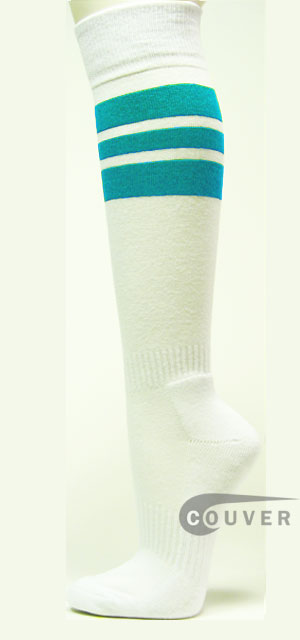 Turquoise Blue Stripe & White Couver Knee High Sports Sock, 3PRs