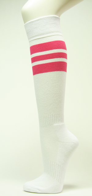 White w bright pink striped knee sports softball baseball sock