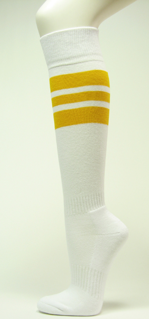 White w golden yellow striped knee sports softball baseball sock