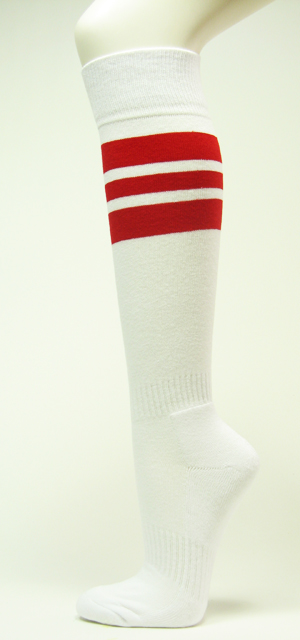 White w red striped knee high sports softball baseball socks