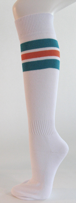 White with Teal Green and Dark Orange Striped Knee Socks 3PAIRs