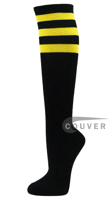 Bright Yellow Stripes on Black COUVER Cotton Non-athletic Knee Sock 6PRs