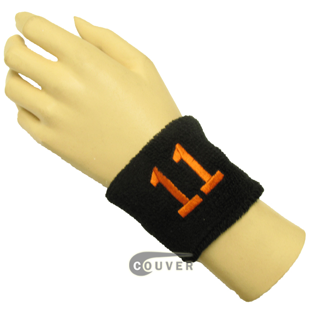 Black 2 1/2" wristband with Number embroidered in Orange - 11 (Eleven)