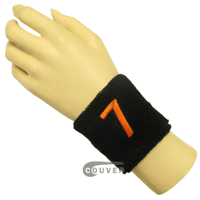Black 2 1/2" wristband with Number embroidered in Orange - 7(Seven)