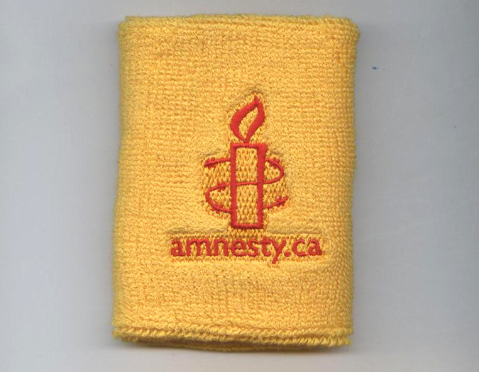 Custom Yellow Sweat Wristband with Red Logo Words Thread Sample