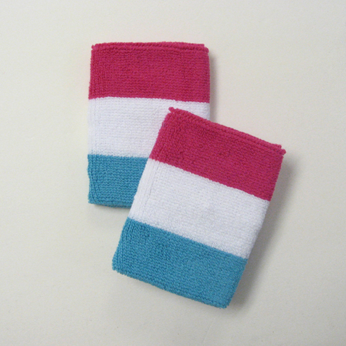 Hot pink white sky blue stripe sports sweat wristbands
