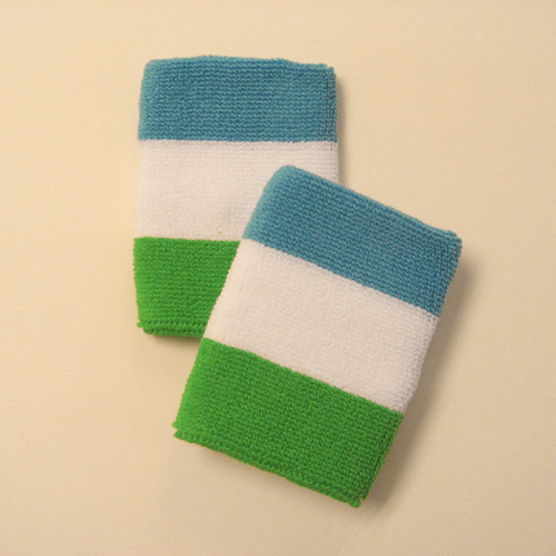 Bright green white sky blue stripe sports sweat wristbands