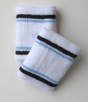 Wholesale White Tennis Wrist Sweatbands w 4Line Light Blue 6pair