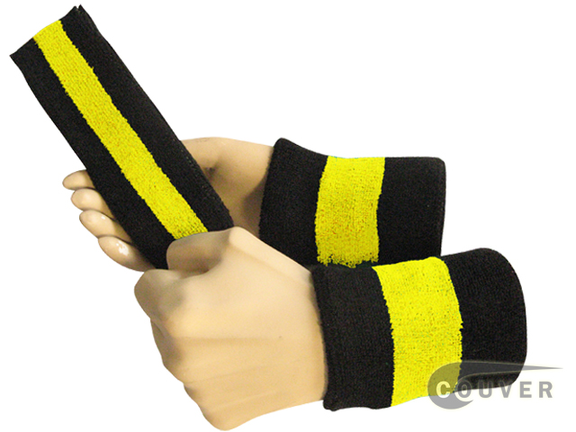 Black bright yellow black 2color striped sweatbands set