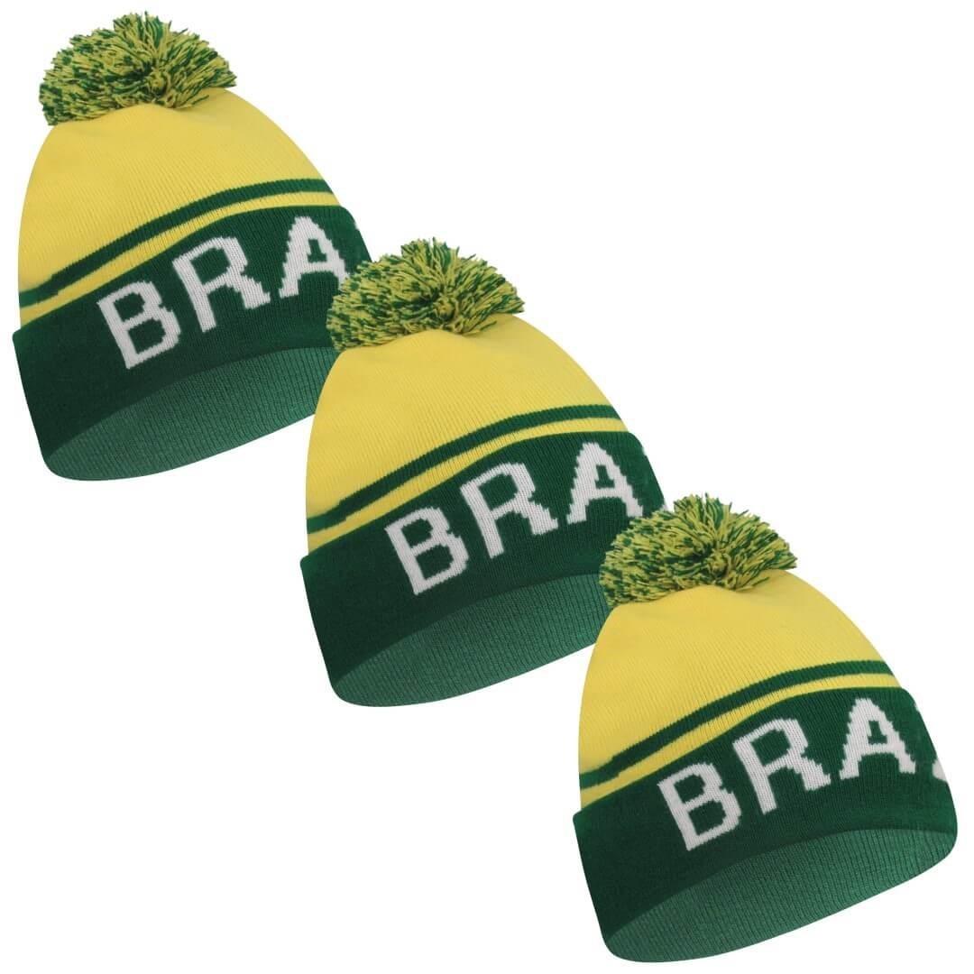 Brazil Soccer Team/Country Beanies with Pom Pom, Cuff 12", 3PCs/Pack