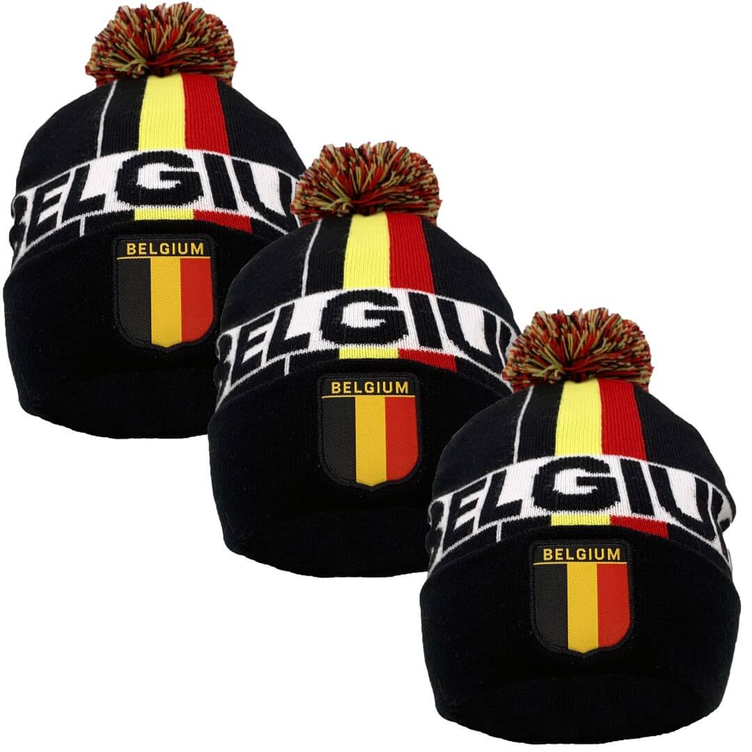 Belgium Soccer Team/Country Beanies w/Pom Pom, Cuff 12", 3PCs/Pack