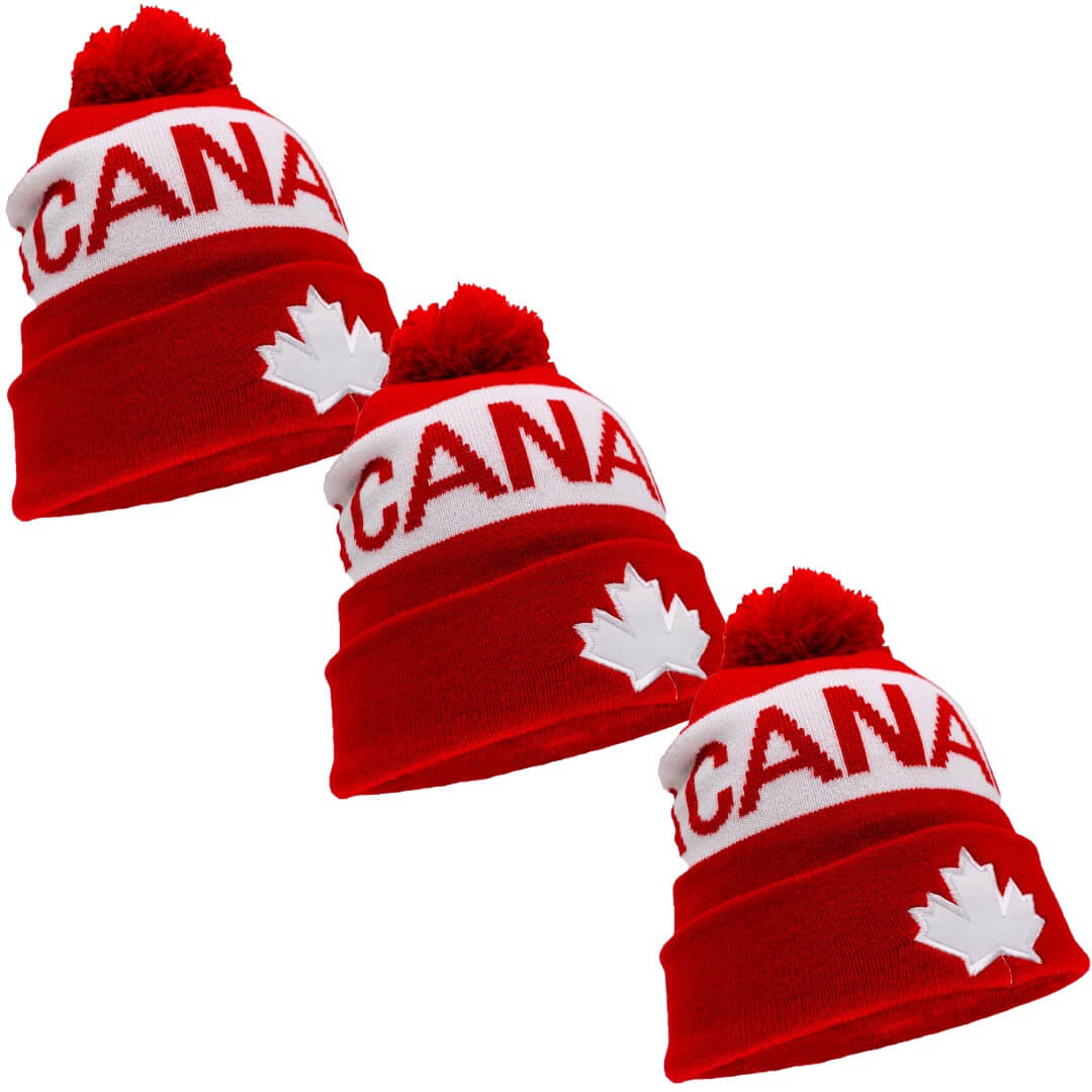 Canada Soccer Team/Country Beanies w/Pom Pom, Cuff 12", 3PCs/Pack