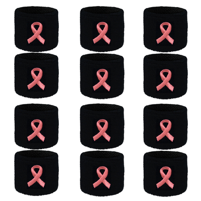 Bright Pink Ribbon Logo Black Awareness Sweat Wristbands 6PAIRs
