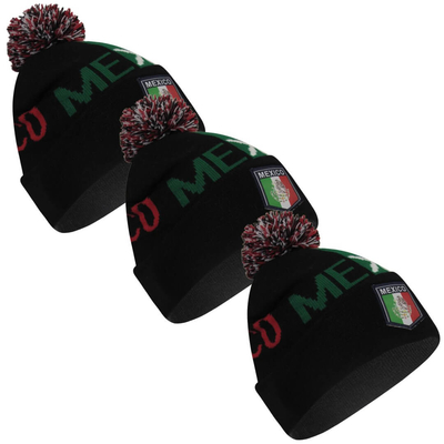 Mexico Soccer Team/Country Black Beanies w/ Pom Pom, 3PCs/Pack
