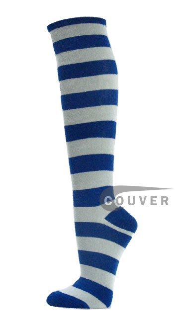 Light Gray (Grey) an Blue Striped Couver Cotton Knee Socks 6PRS