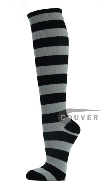 Light Gray/Grey and Black Striped Couver Cotton Knee Socks 6PRS