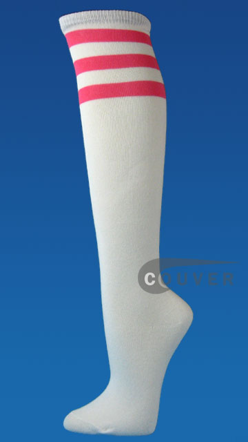 Bright Pink Stripe on White Couver Cotton Knee Sock 6PAIRS