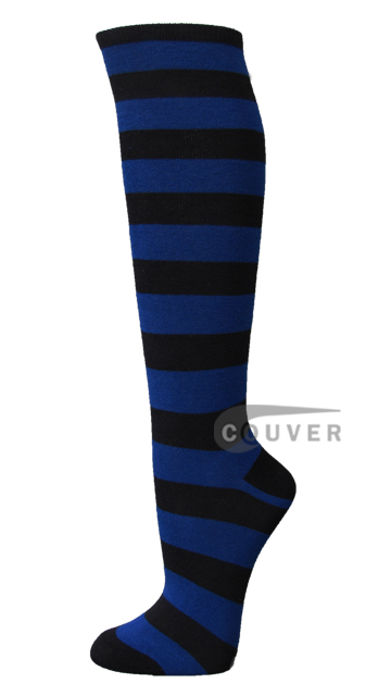 Black and Blue Wider Stripe Couver Cotton Knee High Sock 6 Pairs