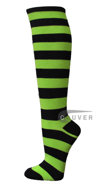Black and Lime Green Wider Stripe Couver Cotton Knee High Sock 6 Pairs