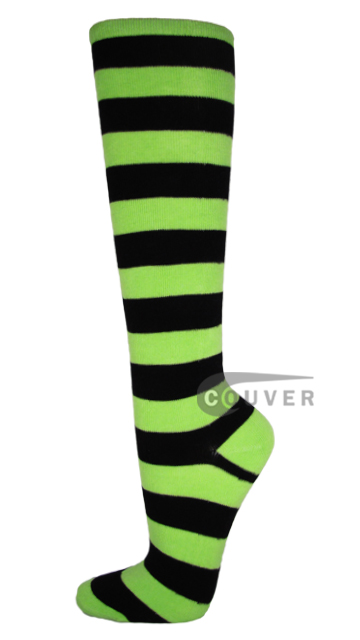 Bright Lime Green and Black Stripe Couver Cotton Knee Sock 6PAIR