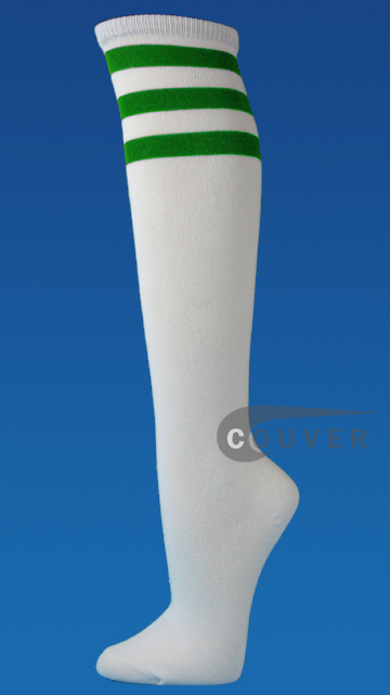 Green Stripe on White Couver Cotton Fashion Knee Socks 6PAIRS