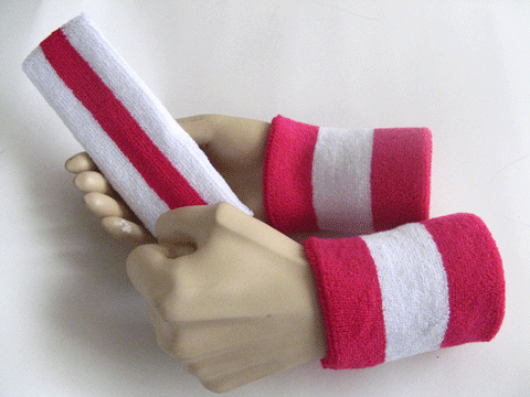 White hot pink white 2color striped sweatbands set