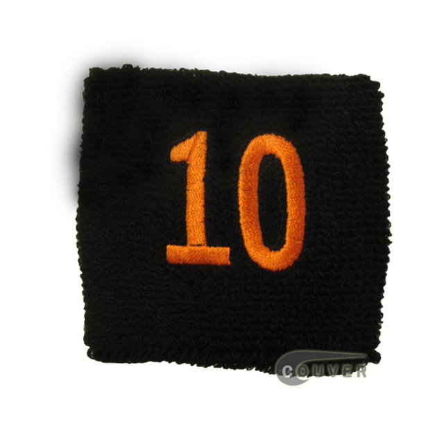 Embroidered Black Numbered sweat wristband WB201-BLK_10_DRKORG