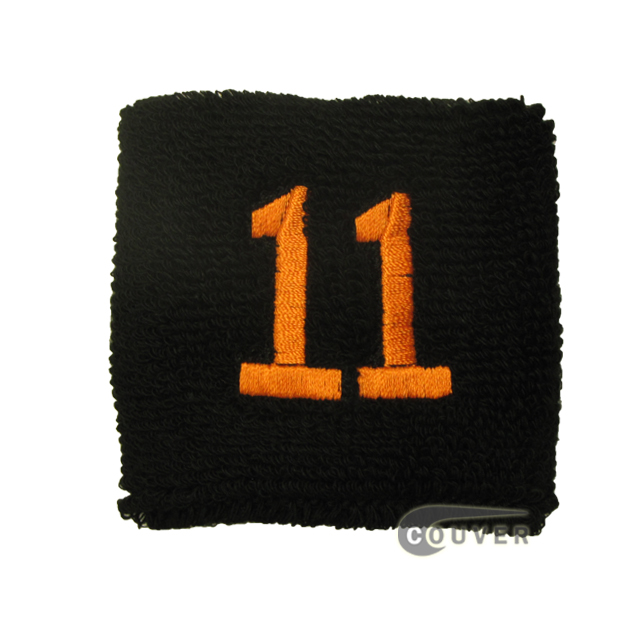 Embroidered Black Numbered sweat wristband WB201-BLK_11_DRKORG