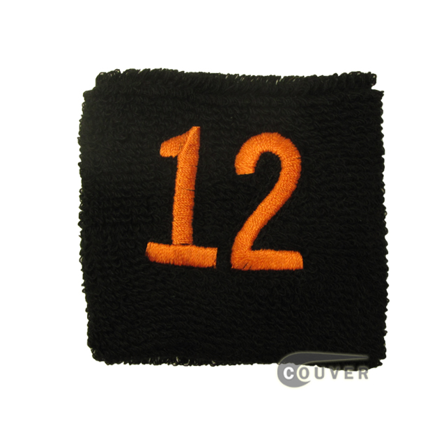 Embroidered Black Numbered sweat wristband WB201-BLK_12_DRKORG