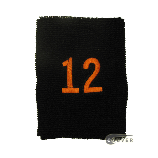 Embroidered Black Numbered sweat wristband WB104-BLK_12_DRKORG