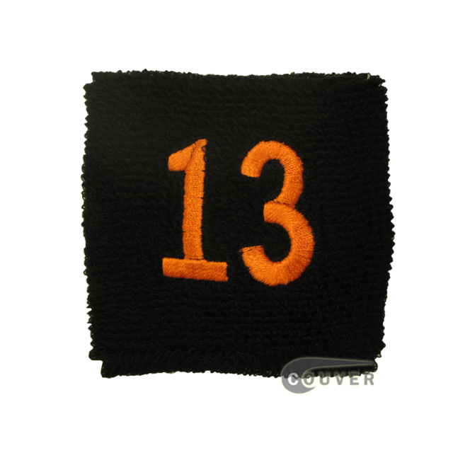 Embroidered Black Numbered sweat wristband WB201-BLK_13_DRKORG