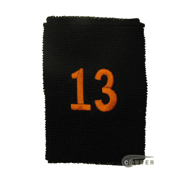 Embroidered Black Numbered sweat wristband WB104-BLK_13_DRKORG
