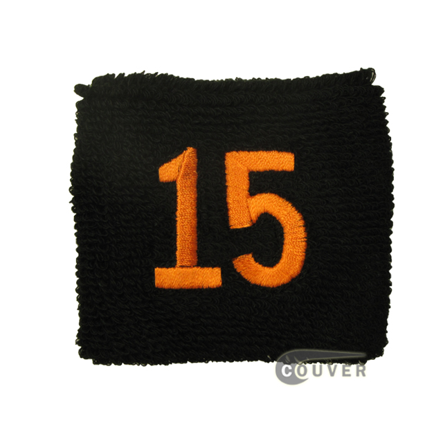 Embroidered Black Numbered sweat wristband WB201-BLK_15_DRKORG
