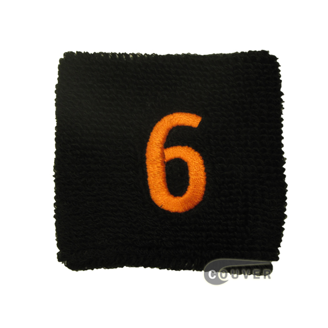 Embroidered Black Numbered sweat wristband WB201-BLK_6_DRKORG